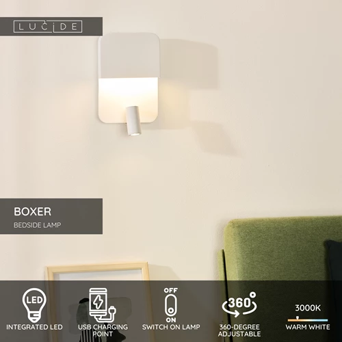Lucide BOXER - Bedside lamp / Wall light - LED - 3000K - With USB charging point - White - USP